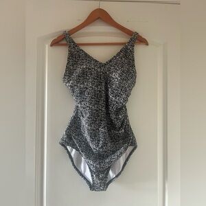 Speedo One Piece Black and White V-Neck Swimsuit